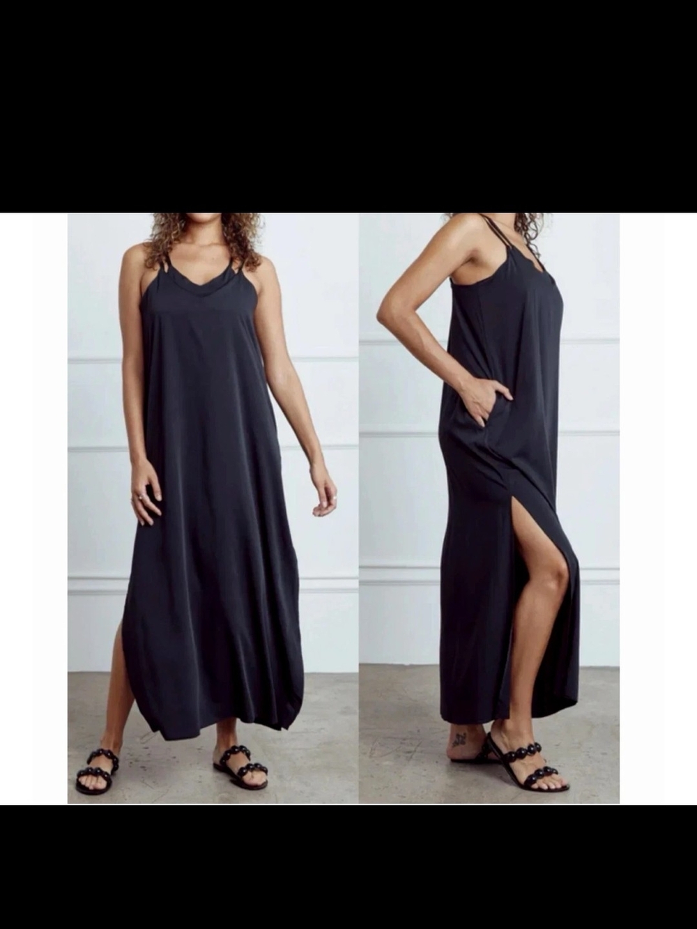 Women's Black Sleeveless V-Neck Maxi Dress with Side Slit